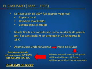 EL CIVILISMO (1886 – 1903)
• La Revolución de 1897 fue de gran magnitud:
• Impacto rural.
• Hombres movilizados.
• Costosa para el estado.
• Idiarte Borda era considerado como un obstáculo para la
paz. Fue asesinado en un atentado el 25 de agosto de
1897.
• Asumió Juan Lindolfo Cuestas Pacto de la Cruz
Reforma electoral: mayor participación
política a los blancos. 6 jefaturas
políticas (ya existían 19 departamentos).
Continuan existiendo
enfrentamientos. HAY GRAN
INESTABILIDAD POLÍTICA.
DUALIDAD DE PODER
 