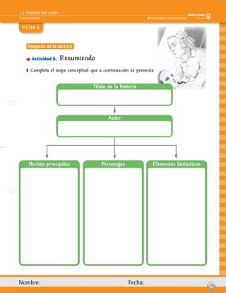 La momia del salar
Sara Bertrand
Nombre: Fecha: 19
Actividades fotocopiables
FICHA 5
Hechos principales Personajes Elementos fantásticos
Autor
Título de la historia
Después de la lectura
Actividad 6. Resumiendo
] Completa el mapa conceptual que a continuación se presenta:
 