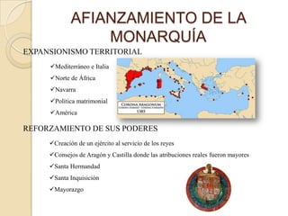 AFIANZAMIENTO DE LA
                 MONARQUÍA
EXPANSIONISMO TERRITORIAL
     Mediterráneo e Italia
     Norte de África
     Navarra
     Política matrimonial
     América

REFORZAMIENTO DE SUS PODERES
     Creación de un ejército al servicio de los reyes
     Consejos de Aragón y Castilla donde las atribuciones reales fueron mayores
     Santa Hermandad
     Santa Inquisición
     Mayorazgo
 