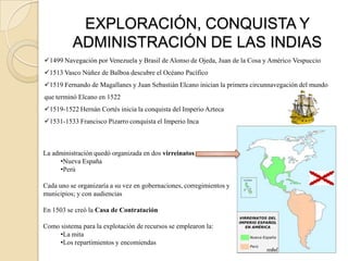 EXPLORACIÓN, CONQUISTA Y
          ADMINISTRACIÓN DE LAS INDIAS
1499 Navegación por Venezuela y Brasil de Alonso de Ojeda, Juan de la Cosa y Américo Vespuccio
1513 Vasco Núñez de Balboa descubre el Océano Pacífico
1519 Fernando de Magallanes y Juan Sebastián Elcano inician la primera circunnavegación del mundo
que terminó Elcano en 1522
1519-1522 Hernán Cortés inicia la conquista del Imperio Azteca
1531-1533 Francisco Pizarro conquista el Imperio Inca



La administración quedó organizada en dos virreinatos
     •Nueva España
     •Perú

Cada uno se organizaría a su vez en gobernaciones, corregimientos y
municipios; y con audiencias

En 1503 se creó la Casa de Contratación

Como sistema para la explotación de recursos se emplearon la:
     •La mita
     •Los repartimientos y encomiendas
 