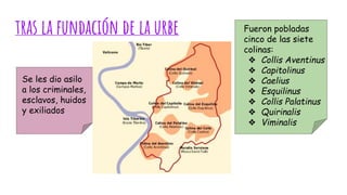 tras la fundación de la urbe
Se les dio asilo
a los criminales,
esclavos, huidos
y exiliados
Fueron pobladas
cinco de las siete
colinas:
❖ Collis Aventinus
❖ Capitolinus
❖ Caelius
❖ Esquilinus
❖ Collis Palatinus
❖ Quirinalis
❖ Viminalis
 