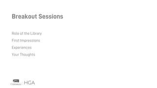 Breakout Sessions
Role of the Library
First Impressions
Experiences
Your Thoughts
 