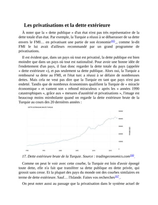 Les	privatisations	et	la	dette	extérieure
À	noter	que	la	«	dette	publique	»	d'un	état	n'est	pas	très	représentative	de	la
dette	totale	d'un	état.	Par	exemple,	la	Turquie	a	réussi	à	se	débarrasser	de	sa	dette
envers	 le	FMI…	 en	privatisant	une	partie	de	son	économie165	,	comme	 le-dit
FMI	 le	 lui	 avait	 d'ailleurs	 recommandé	 par	 un	 grand	 programme	 de
privatisations.
Il	est	évident	que,	dans	un	pays	où	tout	est	privatisé,	la	dette	publique	est	bien
moindre	que	dans	un	pays	où	tout	est	nationalisé.	Pour	avoir	une	bonne	idée	de
l'endettement	d'un	pays,	il	 faut	 donc	 regarder	 la	 dette	 totale	 du	 pays	 (appelée
«	dette	extérieure	»),	et	pas	seulement	sa	dette	publique.	Alors	oui,	la	Turquie	a
remboursé	 sa	 dette	 au	 FMI,	 et	 l'état	 turc	 a	 réussi	 à	 se	 défaire	 de	 nombreuses
dettes.	 Mais	 cela	 ne	 veut	 pas	 dire	 que	 la	 Turquie	 en	 tant	 que	 pays	 n'est	 pas
endetté.	Tandis	que	de	nombreux	économistes	qualifient	la	Turquie	de	«	miracle
économique	»	et	vantent	 son	 «	 rebond	 miraculeux	 »	 après	 les	 «	 années	 1990
catastrophiques	»,	grâce	aux	«	mesures	d'austérité	et	privatisations	»,	l'image	est
beaucoup	 moins	 mirobolante	 quand	 on	 regarde	 la	 dette	 extérieure	 brute	 de	 la
Turquie	au	cours	des	20	dernières	années	:
		
17.	Dette	extérieure	brute	de	la	Turquie.	Source	:	tradingeconomics.com166		
Comme	on	peut	le	voir	avec	cette	courbe,	la	Turquie	est	loin	d'avoir	épongé
toute	 dette,	 elle	 n'a	 fait	 que	 transférer	 sa	 dette	 publique	 en	 dette	 privée,	 qui
grossit	sans	cesse.	Et	la	plupart	des	pays	du	monde	ont	des	courbes	similaires	en
terme	de	dette	extérieure.	Sauf…	l'Islande.	Faites	vos	recherches167	.	
On	peut	noter	aussi	au	passage	que	la	privatisation	dans	le	système	actuel	de
 