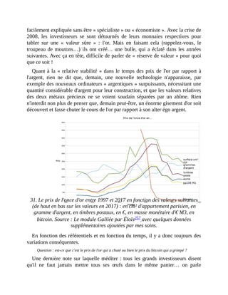 facilement	expliquée	sans	être	«	spécialiste	»	ou	«	économiste	».	Avec	la	crise	de
2008,	 les	 investisseurs	 se	 sont	 détournés	 de	 leurs	 monnaies	 respectives	 pour
tabler	 sur	 une	 «	 valeur	 sûre	 »	 :	 l'or.	 Mais	 en	 faisant	 cela	 (rappelez-vous,	 le
troupeau	de	moutons…)	ils	ont	créé…	une	bulle,	qui	a	éclaté	dans	les	années
suivantes.	Avec	ça	en	tête,	difficile	de	parler	de	«	réserve	de	valeur	»	pour	quoi
que	ce	soit	!	
Quant	à	la	«	relative	stabilité	»	dans	le	temps	des	prix	de	l'or	par	rapport	à
l'argent,	 rien	 ne	 dit	 que,	 demain,	 une	 nouvelle	 technologie	 n'apparaisse,	 par
exemple	des	nouveaux	ordinateurs	«	argentiques	»	surpuissants,	nécessitant	une
quantité	considérable	d'argent	pour	leur	construction,	et	que	les	valeurs	relatives
des	 deux	 métaux	 précieux	 ne	 se	 voient	 soudain	 séparées	 par	 un	 abîme.	 Rien
n'interdit	non	plus	de	penser	que,	demain	peut-être,	un	énorme	gisement	d'or	soit
découvert	et	fasse	chuter	le	cours	de	l'or	par	rapport	à	son	alter	égo	argent.
	
31.	Le	prix	de	l'once	d'or	entre	1997	et	2017	en	fonction	des	valeurs	suivantes
(de	haut	en	bas	sur	les	valeurs	en	2017)	:	en	cm²	d'appartement	parisien,	en
gramme	d'argent,	en	timbres	postaux,	en	€,	en	masse	monétaire	d'€	M3,	en
bitcoin.	Source	:	Le	module	Galilée	par	Éloïs257	avec	quelques	données
supplémentaires	ajoutées	par	mes	soins.
En	fonction	des	référentiels	et	en	fonction	du	temps,	il	y	a	donc	toujours	des
variations	conséquentes.
Question	:	est-ce	que	c'est	le	prix	de	l'or	qui	a	chuté	ou	bien	le	prix	du	bitcoin	qui	a	grimpé	?
Une	dernière	note	sur	laquelle	méditer	:	tous	les	grands	investisseurs	disent
qu'il	 ne	 faut	 jamais	 mettre	 tous	 ses	 œufs	 dans	 le	 même	 panier…	 on	 parle
 