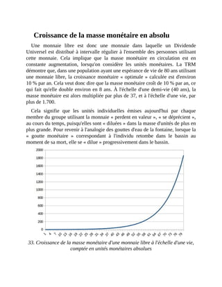 Croissance	de	la	masse	monétaire	en	absolu
Une	 monnaie	 libre	 est	 donc	 une	 monnaie	 dans	 laquelle	 un	 Dividende
Universel	est	distribué	à	intervalle	régulier	à	l'ensemble	des	personnes	utilisant
cette	 monnaie.	 Cela	 implique	 que	 la	 masse	 monétaire	 en	 circulation	 est	 en
constante	 augmentation,	 lorsqu'on	 considère	 les	 unités	 monétaires.	 La	 TRM
démontre	que,	dans	une	population	ayant	une	espérance	de	vie	de	80	ans	utilisant
une	monnaie	libre,	la	croissance	monétaire	«	optimale	»	calculée	est	d'environ
10	%	par	an.	Cela	veut	donc	dire	que	la	masse	monétaire	croît	de	10	%	par	an,	ce
qui	fait	qu'elle	double	environ	en	8	ans.	À	l'échelle	d'une	demi-vie	(40	ans),	la
masse	monétaire	est	alors	multipliée	par	plus	de	37,	et	à	l'échelle	d'une	vie,	par
plus	de	1.700.	
Cela	 signifie	 que	 les	 unités	 individuelles	 émises	 aujourd'hui	 par	 chaque
membre	du	groupe	utilisant	la	monnaie	«	perdent	en	valeur	»,	«	se	déprécient	»,
au	cours	du	temps,	puisqu'elles	sont	«	diluées	»	dans	la	masse	d'unités	de	plus	en
plus	grande.	Pour	revenir	à	l'analogie	des	gouttes	d'eau	de	la	fontaine,	lorsque	la
«	 goutte	 monétaire	 »	 correspondant	 à	 l'individu	 retombe	 dans	 le	 bassin	 au
moment	de	sa	mort,	elle	se	«	dilue	»	progressivement	dans	le	bassin.
		
33.	Croissance	de	la	masse	monétaire	d'une	monnaie	libre	à	l'échelle	d'une	vie,
comptée	en	unités	monétaires	absolues
 