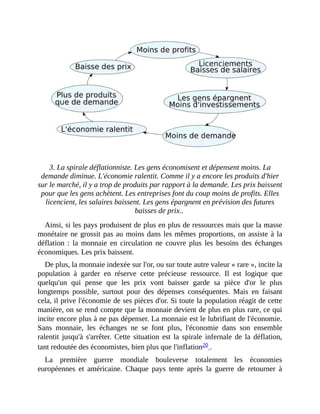3.	La	spirale	déflationniste.	Les	gens	économisent	et	dépensent	moins.	La
demande	diminue.	L'économie	ralentit.	Comme	il	y	a	encore	les	produits	d'hier
sur	le	marché,	il	y	a	trop	de	produits	par	rapport	à	la	demande.	Les	prix	baissent
pour	que	les	gens	achètent.	Les	entreprises	font	du	coup	moins	de	profits.	Elles
licencient,	les	salaires	baissent.	Les	gens	épargnent	en	prévision	des	futures
baisses	de	prix..	
Ainsi,	si	les	pays	produisent	de	plus	en	plus	de	ressources	mais	que	la	masse
monétaire	ne	grossit	pas	au	moins	dans	les	mêmes	proportions,	on	assiste	à	la
déflation	 :	 la	 monnaie	 en	 circulation	 ne	 couvre	 plus	 les	 besoins	 des	 échanges
économiques.	Les	prix	baissent.	
De	plus,	la	monnaie	indexée	sur	l'or,	ou	sur	toute	autre	valeur	«	rare	»,	incite	la
population	 à	 garder	 en	 réserve	 cette	 précieuse	 ressource.	 Il	 est	 logique	 que
quelqu'un	 qui	 pense	 que	 les	 prix	 vont	 baisser	 garde	 sa	 pièce	 d'or	 le	 plus
longtemps	 possible,	 surtout	 pour	 des	 dépenses	 conséquentes.	 Mais	 en	 faisant
cela,	il	prive	l'économie	de	ses	pièces	d'or.	Si	toute	la	population	réagit	de	cette
manière,	on	se	rend	compte	que	la	monnaie	devient	de	plus	en	plus	rare,	ce	qui
incite	encore	plus	à	ne	pas	dépenser.	La	monnaie	est	le	lubrifiant	de	l'économie.
Sans	 monnaie,	 les	 échanges	 ne	 se	 font	 plus,	 l'économie	 dans	 son	 ensemble
ralentit	 jusqu'à	s'arrêter.	Cette	situation	est	la	spirale	infernale	de	la	déflation,
tant	redoutée	des	économistes,	bien	plus	que	l'inflation20	.	
La	 première	 guerre	 mondiale	 bouleverse	 totalement	 les	 économies
européennes	 et	 américaine.	 Chaque	 pays	 tente	 après	 la	 guerre	 de	 retourner	 à
 