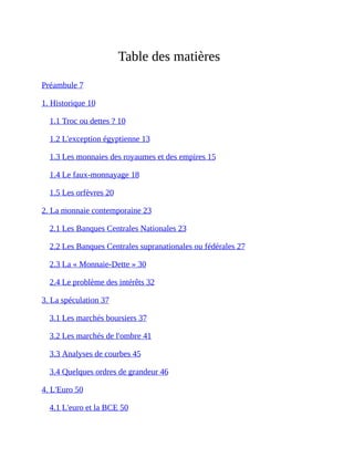 Table	des	matières
Préambule	7	
1.	Historique	10	
1.1	Troc	ou	dettes	?	10	
1.2	L'exception	égyptienne	13	
1.3	Les	monnaies	des	royaumes	et	des	empires	15	
1.4	Le	faux-monnayage	18	
1.5	Les	orfèvres	20	
2.	La	monnaie	contemporaine	23	
2.1	Les	Banques	Centrales	Nationales	23	
2.2	Les	Banques	Centrales	supranationales	ou	fédérales	27	
2.3	La	«	Monnaie-Dette	»	30	
2.4	Le	problème	des	intérêts	32	
3.	La	spéculation	37	
3.1	Les	marchés	boursiers	37	
3.2	Les	marchés	de	l'ombre	41	
3.3	Analyses	de	courbes	45	
3.4	Quelques	ordres	de	grandeur	46	
4.	L'Euro	50	
4.1	L'euro	et	la	BCE	50	
 