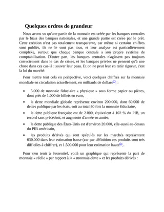 Quelques	ordres	de	grandeur
Nous	avons	vu	qu'une	partie	de	la	monnaie	est	créée	par	les	banques	centrales
par	le	biais	des	banques	nationales,	et	une	grande	partie	est	créée	par	le	prêt.
Cette	 création	 n'est	 pas	 totalement	 transparente,	 car	 même	 si	 certains	 chiffres
sont	 publiés,	 ils	 ne	 le	 sont	 pas	 tous,	 et	 leur	 analyse	 est	 particulièrement
complexe,	 surtout	 que	 chaque	 banque	 centrale	 a	 son	 propre	 système	 de
comptabilisation.	 D'autre	 part,	 les	 banques	 centrales	 n'agissent	 pas	 toujours
correctement	dans	le	cas	de	crises,	et	les	banques	privées	ne	pensent	qu'à	une
chose	dans	ces	cas-là	:	sauver	leur	peau.	Et	on	ne	peut	leur	en	tenir	rigueur,	c'est
la	loi	du	marché.
Pour	mettre	tout	cela	en	perspective,	voici	quelques	chiffres	sur	la	monnaie
mondiale	en	circulation	actuellement,	en	milliards	de	dollars63		:
5.000	de	monnaie	fiduciaire	«	physique	»	sous	forme	papier	ou	pièces,
dont	près	de	1.000	de	billets	en	euro,
la	 dette	 mondiale	 globale	 représente	 environ	 200.000,	 dont	 60.000	 de
dettes	publique	par	les	états,	soit	au	total	40	fois	la	monnaie	fiduciaire,	
la	dette	publique	française	est	de	2.000,	équivalent	à	102	%	du	PIB,	un
record	sans	précédent,	et	augmente	d'année	en	année,	
la	dette	publique	des	États-Unis	est	d'environ	20.000,	elle-aussi	au-dessus
du	PIB	américain,
les	 produits	 dérivés	 qui	 sont	 spéculés	 sur	 les	 marchés	 représentent
630.000	dans	leur	estimation	basse	(car	par	définition	ces	produits	sont	très
difficiles	à	chiffrer),	et	1.500.000	pour	leur	estimation	haute64	.
Pour	 s'en	 tenir	 à	 l'essentiel,	 voilà	 un	 graphique	 qui	 représente	 la	 part	 de
monnaie	«	réelle	»	par	rapport	à	la	«	monnaie-dette	»	et	les	produits	dérivés	:
 