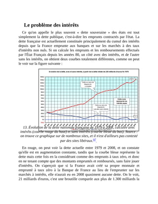 Le	problème	des	intérêts
Ce	 qu'on	 appelle	 le	 plus	 souvent	 «	 dette	 souveraine	 »	 des	 états	 est	 tout
simplement	la	dette	publique,	c'est-à-dire	les	emprunts	contractés	par	l'état.	La
dette	française	est	actuellement	constituée	principalement	du	cumul	des	intérêts
depuis	 que	 la	 France	 emprunte	 aux	 banques	 et	 sur	 les	 marchés	 à	 des	 taux
d'intérêts	non	nuls.	Si	on	calcule	les	emprunts	et	les	remboursements	effectués
par	l'État	Français	depuis	les	années	80,	un	côté	avec	des	intérêts,	et	de	l'autre
sans	les	intérêts,	on	obtient	deux	courbes	totalement	différentes,	comme	on	peut
le	voir	sur	la	figure	suivante	:	
	
	
13.	Évolution	de	la	dette	nationale	française	de	1979	à	2008,	calculée	avec
intérêts	(courbe	rouge	du	haut)	et	sans	intérêts	(courbe	bleue	du	bas).	Source	:
on	trouve	ce	graphique	sur	de	nombreux	sites,	et	il	n'est	d'ailleurs	pas	contesté
par	des	sites	libéraux.97		
En	 rouge,	 on	 peut	 voir	 la	 dette	 actuelle	 entre	 1979	 et	 2008,	 et	 on	 constate
qu'elle	est	en	augmentation	constante,	tandis	que	la	courbe	bleue	représente	la
dette	mais	cette	fois	en	la	considérant	comme	des	emprunts	à	taux	zéro,	et	donc
en	ne	tenant	compte	que	des	montants	empruntés	et	remboursés,	sans	faire	jouer
d'intérêts.	 On	 s'aperçoit	 que	 si	 la	 France	 avait	 créé	 sa	 propre	 monnaie	 et
emprunté	 à	 taux	 zéro	 à	 la	 Banque	 de	 France	 au	 lieu	 de	 l'emprunter	 sur	 les
marchés	à	intérêts,	elle	n'aurait	eu	en	2008	quasiment	aucune	dette.	On	le	voit,
21	milliards	d'euros,	c'est	une	broutille	comparée	aux	plus	de	1.300	milliards	la
 