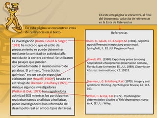 En esta otra página se encuentra, al final
                                                         del documento, cada cita de referencias
                                                         en la Lista de Referencias
         En esta página se encuentran citas
         de referencia en el texto.                                Referencias

La investigación (Dunn, Gould & Singer,        Dunn, R., Gould, J.E. & Singer, M. (1981). Cognitive
1981) ha indicado que el estilo de             style differences in expository prose recall.
procesamiento se puede determinar              Springfield, IL. EE.UU. Pergamon Press.
mediante la cantidad de actividad alfa
medida de la corteza cerebral. Se utilizaron   Howell, W.L. (1980). Expository prose by young
dos pasajes que poseían                        hospitalized schizophrenics (Disertación doctoral,
aproximadamente el mismo número de             Florida State University, EE.UU., 1989). Dissertation
palabras. El primero, “Insecticidas            Abstracts International, 41, 1011B.
químicos” era un pasaje expositivo
elaborado por Howell (1980) y basado en
                                               Sherman, L.G. & Kulhavy, R.W. (1979). Imagery and
el trabajo de Sherman y Kulhavy (1979).
                                               synchronic thinhing. Psychological Review, 16, 147-
Aunque algunos investigadores                  163.
(Witkin & Dyk, 1977) han registrado la
actividad EEG mientras los participantes       Witkin, H. & Dyk, R.B. (1977). Psychological
realizaban tareas analíticas u holísticas,     differentiation: Studies of field dependency.Nueva
pocos investigadores han informado del         York, EE.UU.: Wiley.
desempeño real en ambos tipos de tareas.
 