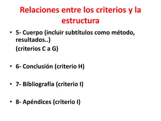 Relaciones entre los criterios y la
estructura
• 5- Cuerpo (incluir subtítulos como método,
resultados..)
(criterios C a G)
• 6- Conclusión (criterio H)
• 7- Bibliografía (criterio I)
• 8- Apéndices (criterio I)
 