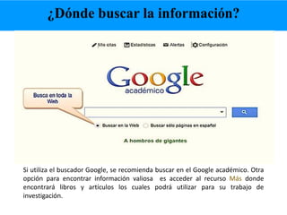 Si utiliza el buscador Google, se recomienda buscar en el Google académico. Otra
opción para encontrar información valiosa es acceder al recurso Más donde
encontrará libros y artículos los cuales podrá utilizar para su trabajo de
investigación.