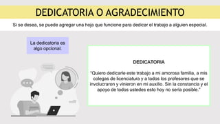 Si se desea, se puede agregar una hoja que funcione para dedicar el trabajo a alguien especial.
DEDICATORIA O AGRADECIMIENTO
La dedicatoria es
algo opcional.
DEDICATORIA
“Quiero dedicarle este trabajo a mi amorosa familia, a mis
colegas de licenciatura y a todos los profesores que se
involucraron y vinieron en mi auxilio. Sin la constancia y el
apoyo de todos ustedes esto hoy no sería posible.”
 