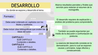 DESARROLLO
Es donde se expone y desarrolla el tema.
Abarca resultados parciales y finales que
servirán para redactar el resumen de la
monografía.
El desarrollo requiere de explicación y
análisis del problema para comprenderlo.
También se puede argumentar por
medio de la discusión o confrontación de
posturas.
La esencia del desarrollo consiste en la
demostración, para lo cual se exponen
causas y principios, luego efectos y
consecuencias.
Debe estar ordenado en capítulos con los
títulos y subtítulos.
Debe incluir citas bibliográficas que avalen las
ideas del autor.
CAPITULO I
SUB CAPITULO
Contenido o detalles.
CAPITULO II
SUB CAPITULO
Contenido o detalles.
Formato:
 