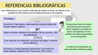 Una referencia es una manera ordenada de indicar al lector de dónde se ha
extraído la información para la elaboración de la monografía.
Proporciona todos los datos
necesarios para encontrar
dicho material y permiten al
lector consultarlas a fin de
verificar los datos presentados
en la monografía.
La falta de cumplimiento de
este requisito constituye plagio.
REFERENCIAS BIBLIOGRÁFICAS
Formato:
Se inicia en hoja aparte, siete espacios simples debajo del
margen básico superior.
Deben incluirse utilizando los apellidos de los autores y año
de publicación.
Se tiene en cuenta aspectos particulares, de acuerdo al
estilo utilizado: Sistema APA, Vancouver, ISO y otros.
Si se trata de una institución, se ponen las siglas o nombre
de la institución.
 