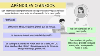 APÉNDICES O ANEXOS
Son información complementaria o de apoyo que sirve para reforzar
lo manifestado por el autor en el desarrollo de la monografía.
No son esenciales en la
monografía.
Son cuadros, fotografías,
esquemas, gráficos o dibujos
que ayudan a comprender
mejor el tema.
Formato:
El titulo del dibujo, esquema, gráfico que se incluye.
La fuente de la cual se extrajo la información.
Se consigna: Extraído de: Autor, título de la obra, ob. Cit.
(que significa obra citada) y la página exacta de donde se
extrajo ese dibujo, gráfico, etc.
 