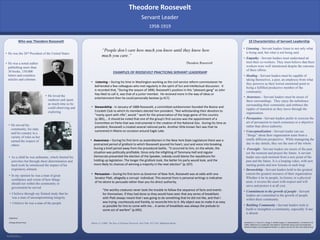 RESEARCH POSTER PRESENTATION DESIGN © 2015
www.PosterPresentations.com
Who was Theodore Roosevelt
EXAMPLES OF ROOSEVELT PRACTICING SERVANT LEADERSHIP
10 Characteristics of Servant Leadership
• Listening - Servant leaders listen to not only what
is being said, but what is not being said.
Morris, E. (1980). The Rise of Theodore Roosevelt. New York, NY, USA: Ballantine Books.
• I believe he was a man of the people
Servant Leader
1958-1919
Theodore Roosevelt
• He was the 26th President of the United States
• He was a noted author
publishing more than
30 books, 150,000
letters and countless
articles and columns
• As a child he was asthmatic, which limited his
activities but through sheer determination and
hard work he minimized the impact of his
respiratory ailment.
• He loved the
outdoors and spent
as much time as he
could observing and
exploring
• He served his
community, his state
and his country in a
variety of roles as her
earned the respect of
others.
• I believe through my limited study that he
was a man of uncompromising integrity
• In my opinion he was a man of great
confidence and vision of how things
should run within the community or
government he served
• Empathy - Servant leaders must understand ad
trust their co-workers. They must believe that there
workers were well intentioned despite the outcome
of there efforts
• Healing - Servant leaders must be capable of
taking themselves, a peer, an employee from what
they perceive as their lowest emotional point to
being a fulfilled productive member of the
community.
• Awareness - Servant leaders must be aware of
there surroundings. They enjoy the turbulence
surrounding their community and embrace the
ripples of transition as they move through the
organization.
• Persuasion - Servant leaders prefer to exercise the
art of persuasion to reach consensus or a objective
rather than direct authority.
• Conceptualization - Servant leader can see
“things” about their organization team from a
totally different perspective. While manageing the
day to day details, they see the sum of the whole.
• Stewardship - Servant leaders hold in the greatest
esteem the greatest resource of their organization.
Whether it be its people, its history or a physical
asset, it reveres the asset with respect and will
serve and protect it at all cost.
• Commitment to the growth of people - Servant
leaders are committed to the growth of people
within there community.
• Building Community - Servant leaders look to
build or strengthen a community, especially if one
is absent.
• Foresight - Servant leaders are aware of the past,
see the moment and project the future. A servant
leader sees each moment from a new point of the
past and the future. It is a looping video, with new
starting points and new lessons in each loop.
Greenleaf, R. K., Peck, M. S., Senge, P., McGee Cooper, A., Murray Bethel, S., & Kiechel III, W.
(1995). Reflections on Leadership: How Robert K. Greenleaf's theory of servant leadership
influenced today's top management thinkers. (L. Spears, Ed.) NY, NY, USA: John Wiley & Sons.
(Argentina)
(Chicago Review Press)
• Listening – During his time in Washington working as the civil service reform commissioner he
befriended a few colleagues who met regularly in the spirit of fun and intellectual discussion. It
is recorded that, “During the season of 1890, Roosevelt’s position in this “pleasant gang” as John
Hay liked to call it, was that of a junior member. He received more in the way of ideas or
entertainment then he could personally bestow (p.417).
• Persuasion – During his first term as Governor of New York, Roosevelt was at odds with one
Senator Platt, allegedly a corrupt individual. This excerpt from is personal writings is indicative
of his desire to persuade rather than you his direct authority.
“the worthy creatures never took the trouble to follow the sequence of facts and events
for themselves. If they had done so they would have seen that any series of breakfasts
with Platt always meant that I was going to do something that he did not like, and that I
was trying, courteously and frankly, to reconcile him to it. My object was to make it as easy
as possible for him to come with me... A series of breakfasts was always the prelude to
some act of warfare” (p.695).
• Awareness – During his first term as assemblymen in the New York State Legislature there was a
protracted period of gridlock to which Roosevelt poured his heart, soul and voice into breaking.
During a brief period away from the procedural battle, “it occurred to him, on the whole, the
situation was politically profitable. Since only the infighting of Tammany Hall and regular
Democrats prevented the election of the Speaker, nobody could blame the republicans for
holding up legislation. The longer the gridlock took, the better his party would look, and the
more likely its chances of winning a majority in the next election” (p.167).
• Stewardship - In January of 1888 Roosevelt, a committed outdoorsmen founded the Boone and
Crockett Club to which its members elected him president. “Not withstanding their devotion to
“manly sport with rifle”, would “ work for the preservation of the large game of this country
(p.385),… It should be noted that one of the group’s first success was the appointment of a
Committee on Parks that was instrumental in the creation of the National Zoo. During his time as
president, Roosevelt a created several national parks. Another little known fact was that he
summered in Maine on occasion around Eagle Lake.
“People don’t care how much you know until they know how
much you care.”
Theodore Roosevelt
 