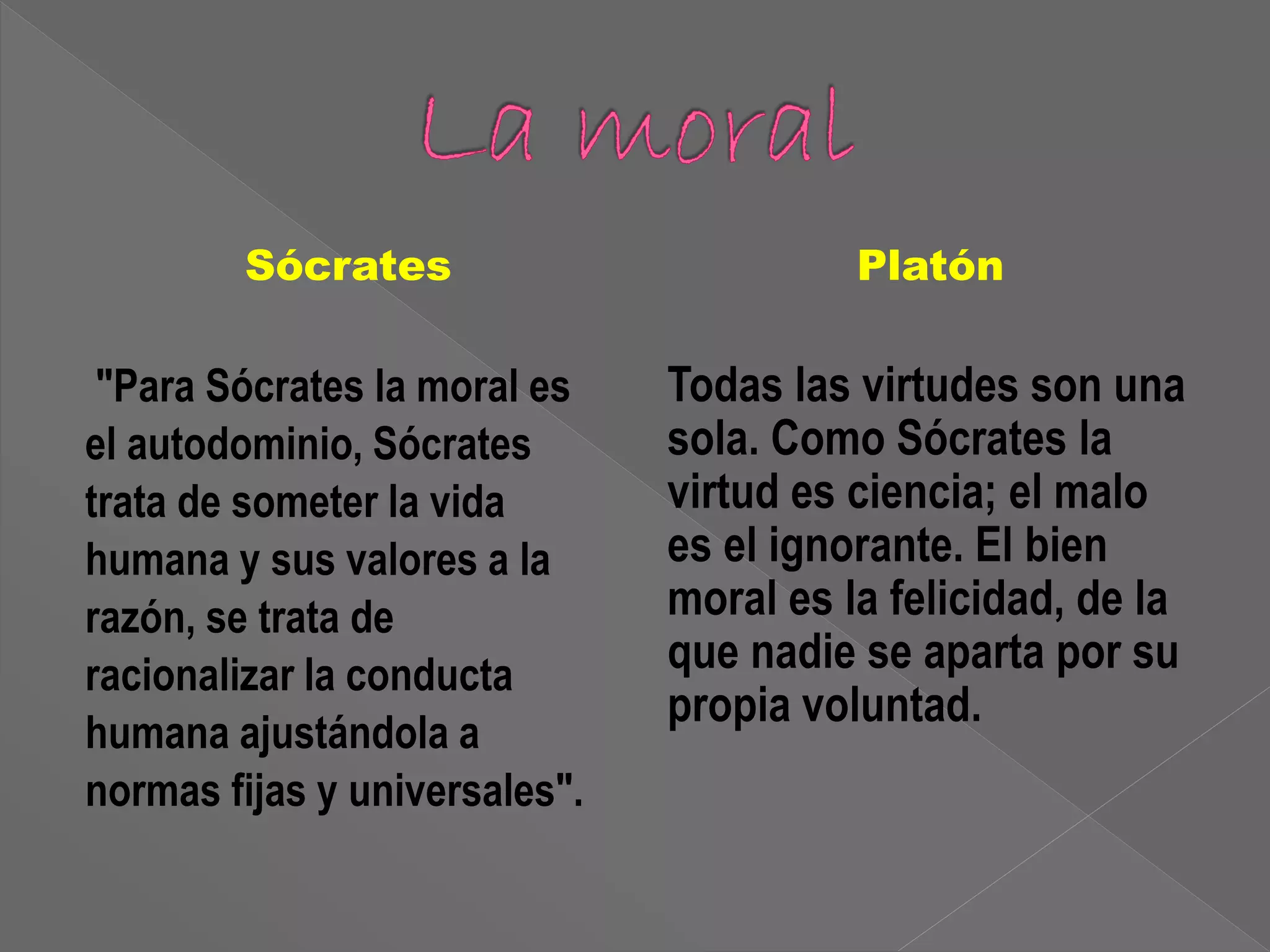 Sócrates 
"Para Sócrates la moral es 
el autodominio, Sócrates 
trata de someter la vida 
humana y sus valores a la 
razón, se trata de 
racionalizar la conducta 
humana ajustándola a 
normas fijas y universales". 
Platón 
Todas las virtudes son una 
sola. Como Sócrates la 
virtud es ciencia; el malo 
es el ignorante. El bien 
moral es la felicidad, de la 
que nadie se aparta por su 
propia voluntad. 
 