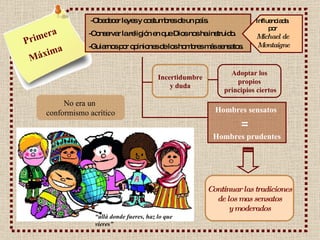 Primera Máxima Hombres sensatos  =  Hombres prudentes Incertidumbre y duda Adoptar los propios principios ciertos Continuar las tradiciones de los mas sensatos y moderados No era un  conformismo acrítico -Obedecer leyes y costumbres de un país. -Conservar la religión en que Dios nos ha instruido. -Guiarnos por opiniones de los hombres más sensatos. “ allá donde fueres, haz lo que vieres” Influenciada  por Michael de  Montaigne   