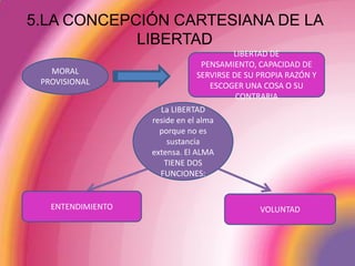5.LA CONCEPCIÓN CARTESIANA DE LA LIBERTADLIBERTAD DE PENSAMIENTO, CAPACIDAD DE SERVIRSE DE SU PROPIA RAZÓN Y ESCOGER UNA COSA O SU CONTRARIAMORAL PROVISIONALLa LIBERTAD reside en el alma porque no es sustancia extensa. El ALMA TIENE DOS FUNCIONES:ENTENDIMIENTOVOLUNTAD