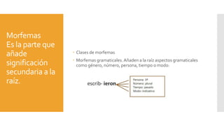 Morfemas
Es la parte que
añade
significación
secundaria a la
raíz.
 Clases de morfemas
 Morfemas gramaticales.Añaden a la raíz aspectos gramaticales
como género, número, persona, tiempo o modo:
 