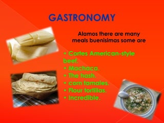 GASTRONOMY
Alamos there are many
meals buenisimas some are

• Cortes American-style
beef.
• Machaca.
• The hash.
• corn tamales.
• Flour tortillas.
• Incredible.

 