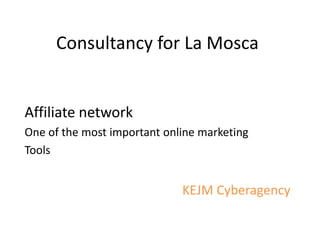 Consultancy for La Mosca
Affiliate network
One of the most important online marketing
Tools
KEJM Cyberagency
 