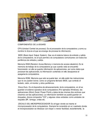 13 
COMPONENTES DE LA BOARD 
CPU (Unidad Central de proceso). Es el procesador de la computadora y como su 
nombre lo dice es el que se encarga de procesar la información. 
BIOS (Basic Input Output System). Que es el sistema básico de entrada y salida 
de la computadora, es el que permite a la computadora comunicarse con todos los 
periféricos de entrada y salida. 
Memoria RAM (Random Acces Memory o memoria de acceso aleatorio). Es la 
memoria de trabajo de la computadora ya que cuando esta se encuentra 
funcionando en ella se guarda información de aplicaciones, así como datos que 
procesan las aplicaciones, la información contenida en ella desaparece al 
apagarse la computadora. 
Memoria ROM. Memoria que solo se puede leer, en ella están las instrucciones 
que no se pueden borrar, como un programa llamado BIOS, que controla el 
teclado, ratón, el monitor y otros periféricos. 
Disco Duro. Es el dispositivo de almacenamiento de la computadora, en él se 
guardan el sistema operativo de la computadora (Por ejemplos Windows), las 
aplicaciones (Word, Excel, Power Point) y datos de las mismas (los archivos que 
creamos con las aplicaciones). La información también se puede guardar en 
disquetes, discos compactos "CD", y algunas otras unidades como unidades de 
respaldo ZIP, Iomega, cintas etc. 
ZOCALO DEL MICROPROCESADOR Es el lugar donde se inserta el 
microprocesador de la computadora. Siempre ha consistido en un cuadrado donde 
el microprocesador se introduce con mayor o menor facilidad, recientemente, la 
 