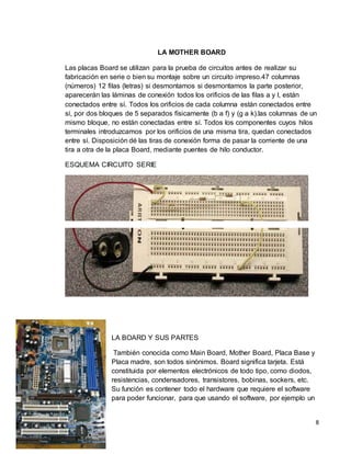 8 
LA MOTHER BOARD 
Las placas Board se utilizan para la prueba de circuitos antes de realizar su 
fabricación en serie o bien su montaje sobre un circuito impreso.47 columnas 
(números) 12 filas (letras) si desmontamos si desmontamos la parte posterior, 
aparecerán las láminas de conexión todos los orificios de las filas a y l, están 
conectados entre sí. Todos los orificios de cada columna están conectados entre 
sí, por dos bloques de 5 separados físicamente (b a f) y (g a k).las columnas de un 
mismo bloque, no están conectadas entre sí. Todos los componentes cuyos hilos 
terminales introduzcamos por los orificios de una misma tira, quedan conectados 
entre sí. Disposición dé las tiras de conexión forma de pasar la corriente de una 
tira a otra de la placa Board, mediante puentes de hilo conductor. 
ESQUEMA CIRCUITO SERIE 
LA BOARD Y SUS PARTES 
También conocida como Main Board, Mother Board, Placa Base y 
Placa madre, son todos sinónimos. Board significa tarjeta. Está 
constituida por elementos electrónicos de todo tipo, como diodos, 
resistencias, condensadores, transistores, bobinas, sockers, etc. 
Su función es contener todo el hardware que requiere el software 
para poder funcionar, para que usando el software, por ejemplo un 
 