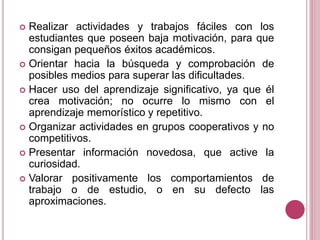  Realizar actividades y trabajos fáciles con los
estudiantes que poseen baja motivación, para que
consigan pequeños éxitos académicos.
 Orientar hacia la búsqueda y comprobación de
posibles medios para superar las dificultades.
 Hacer uso del aprendizaje significativo, ya que él
crea motivación; no ocurre lo mismo con el
aprendizaje memorístico y repetitivo.
 Organizar actividades en grupos cooperativos y no
competitivos.
 Presentar información novedosa, que active la
curiosidad.
 Valorar positivamente los comportamientos de
trabajo o de estudio, o en su defecto las
aproximaciones.
 