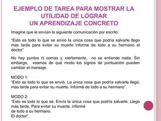 EJEMPLO DE TAREA PARA MOSTRAR LA
UTILIDAD DE LOGRAR
UN APRENDIZAJE CONCRETO
Imagine que le envían la siguiente comunicación por escrito:
“Esto es todo lo que se envio la unica cosa que podria salvarle llego
mas tarde para evitar su muerte informe de todo a su hermano el
doctor”
No hay puntos ni comas y, ciertamente, no se entiende nada. Sin
embargo, veamos de qué modo los signos de puntuación pueden
cambiar el mensaje.
MODO 1:
“Esto es todo lo que se envió. La única cosa que podría salvarle llegó,
mas tarde para evitar su muerte. Informé de todo a su hermano”.
MODO 2:
“Esto es todo lo que sé. Envío la única cosa que podría salvarle. Llego
más tarde. Para evitar su muerte, informé
de todo a su hermano.
El doctor”.
 