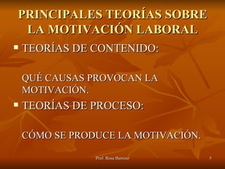 PRINCIPALES TEORÍAS SOBRE LA MOTIVACIÓN LABORAL TEORÍAS DE CONTENIDO: QUÉ CAUSAS PROVOCAN LA MOTIVACIÓN. TEORÍAS DE PROCESO: CÓMO SE PRODUCE LA MOTIVACIÓN. 