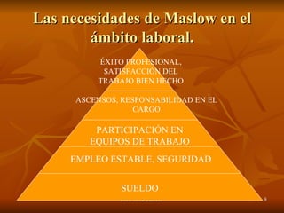 Las necesidades de Maslow en el ámbito laboral. SUELDO EMPLEO ESTABLE, SEGURIDAD PARTICIPACIÓN EN EQUIPOS DE TRABAJO ASCENSOS, RESPONSABILIDAD EN EL CARGO ÉXITO PROFESIONAL, SATISFACCIÓN DEL TRABAJO BIEN HECHO 