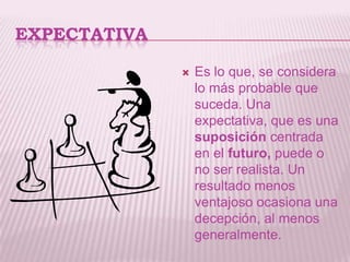 EXPECTATIVA

                 Es lo que, se considera
                  lo más probable que
                  suceda. Una
                  expectativa, que es una
                  suposición centrada
                  en el futuro, puede o
                  no ser realista. Un
                  resultado menos
                  ventajoso ocasiona una
                  decepción, al menos
                  generalmente.
 