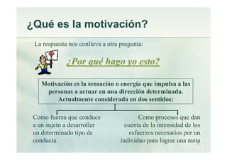 2
¿Qué es la motivación?
La respuesta nos conlleva a otra pregunta:
¿Por qué hago yo esto?
Motivación es la sensación o en...