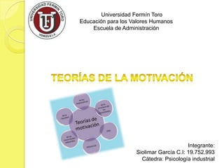 Universidad Fermín Toro
Educación para los Valores Humanos
Escuela de Administración
Integrante:
Siolimar García C.I: 19.752.993
Cátedra: Psicología industrial
 
