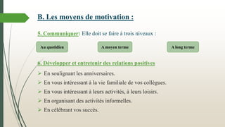 5. Communiquer: Elle doit se faire à trois niveaux :
6. Développer et entretenir des relations positives
 En soulignant les anniversaires.
 En vous intéressant à la vie familiale de vos collègues.
 En vous intéressant à leurs activités, à leurs loisirs.
 En organisant des activités informelles.
 En célébrant vos succès.
Au quotidien A long terme
A moyen terme
B. Les moyens de motivation :
 