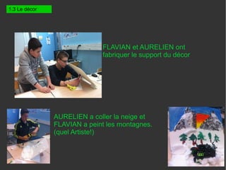 FLAVIAN et AURELIEN ont
fabriquer le support du décor
AURELIEN a coller la neige et
FLAVIAN a peint les montagnes.
(quel Artiste!)
1.3 Le décor
 