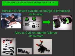 Aurélien et Flavian avaient en charge la propulsion
de la moto
Alice et Cyril ont monté l'aileron
de la moto
2. LES PRINCIPALES ETAPES DE L'ASSEMBLAGE DU PROJET
 