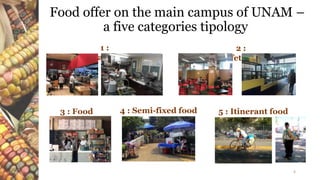 Food offer on the main campus of UNAM –
a five categories tipology
1 :
Restaurants
2 :
Cafeterias
3 : Food
stands
4 : Semi-fixed food
stands
5 : Itinerant food
stands
6
 