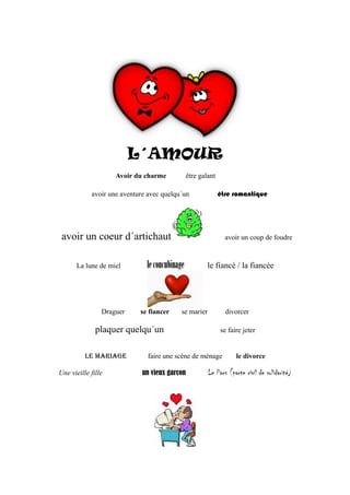 L´AMOUR
Avoir du charme

être galant
être romantique

avoir une aventure avec quelqu´un

avoir un coeur d´artichaut
La lune de miel

Draguer

avoir un coup de foudre

le concubinage

se fiancer

se marier

plaquer quelqu´un
Le mariage
Une vieille fille

le fiancé / la fiancée

divorcer
se faire jeter

faire une scène de ménage
un vieux garçon

le divorce

Le Pacs (pacte civil de solidarité)

 