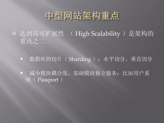 ﵽ߿չ  High Scalability Ǽܹص֮ ݿƬ Sharding ˮƽзֱ֡з ģ϶ȣģ񣺱ûϵͳ Passport  