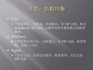 LVS Ĳ㣬ں̬ܼߣ VIP ܣ  keepalived  Ч ͸ؾⰲװ鷳 HAProxy Ĳ㵽߲㣬ǿ VIP ܣü򵥣 CPU ռø Nginx ߲㣬Ӧò㹦ܶ࣬ü򵥣޷֧ VIP  