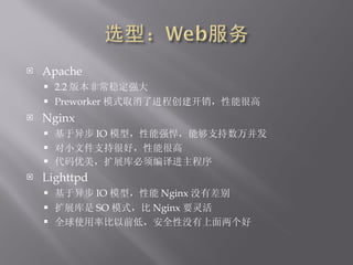 Apache 2.2 汾ǳȶǿ Preworker ģʽȡ˽̴ܸܺ Nginx 첽 IO ģͣǿܹ֧򲢷 Сļֺ֧ܺãܸܺ չ Lighttpd 첽 IO ģͣ Nginx ûв չ SO ģʽ Nginx Ҫ ȫʹʱǰͣȫû 