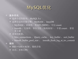 Ż ѡʵİ汾 MySQL 5.x ѡʵĴ洢棺 MyISAM  InnoDB MyISAM ѯ (500W)  count Innodb м֧֣뼶𣩣Ҫ count Ҫ Ҫã Max_connections  Query_cache  key_buffer  sort_buffer Innodb_buffer_pool_size   innodb_flush_log_at_trx_commit Ӳ SSD > SAS > SCSI ȡ ڴ棬 CPU 