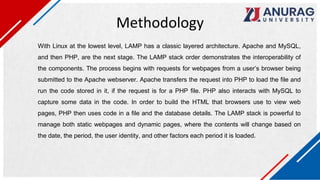 Methodology
With Linux at the lowest level, LAMP has a classic layered architecture. Apache and MySQL,
and then PHP, are the next stage. The LAMP stack order demonstrates the interoperability of
the components. The process begins with requests for webpages from a user’s browser being
submitted to the Apache webserver. Apache transfers the request into PHP to load the file and
run the code stored in it, if the request is for a PHP file. PHP also interacts with MySQL to
capture some data in the code. In order to build the HTML that browsers use to view web
pages, PHP then uses code in a file and the database details. The LAMP stack is powerful to
manage both static webpages and dynamic pages, where the contents will change based on
the date, the period, the user identity, and other factors each period it is loaded.
 