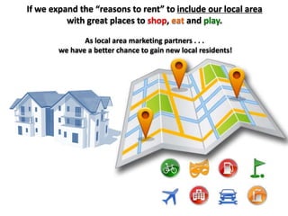Make a Connection!
Outreach Marketing
Iden-fy	
  and	
  engage	
  local	
  businesses	
  who	
  can	
  inﬂuence	
  future	
  residents	
  
Identify
 Engage
 Inﬂuence
The	
  LAMP	
  project	
  outline	
  includes:	
  
•  Program	
  details	
  
•  LAMP	
  excel	
  sheet	
  
•  List	
  of	
  online	
  resources	
  for	
  ﬁnding	
  your	
  25	
  LAMPs	
  
•  Sample	
  telephone	
  script	
  	
  
•  Details	
  on	
  “How	
  your	
  business	
  will	
  be	
  featured”.	
  
•  How	
  to	
  match	
  each	
  business	
  to	
  an	
  appropriate	
  holiday	
  
•  Sample	
  business	
  email	
  
•  Link	
  to	
  the	
  Slideshare.net	
  presentaFon	
  	
  
	
  
 