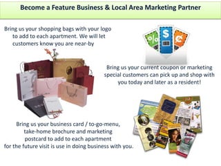 Did you build your list?
What	
  to	
  consider	
  when	
  selecFng	
  your	
  annual	
  Elite	
  Businesses	
  
•  Coupon	
  Sites:	
  Quickly	
  ﬁnd	
  businesses	
  that	
  already	
  to	
  oﬀer	
  coupons	
  –	
  	
  
add	
  your	
  zip	
  code	
  and	
  radius	
  to	
  ﬁnd	
  local	
  business	
  already	
  oﬀering	
  coupons	
  nearby	
  
	
  	
  
•  Map	
  Site:	
  Type	
  in	
  your	
  address	
  and	
  use	
  the	
  mapping	
  programs	
  for	
  ready	
  lists	
  of	
  the	
  
businesses	
  nearby	
  with	
  complete	
  contact	
  informa-on	
  organized	
  by	
  product	
  and	
  service!	
  
	
  	
  	
  
Engage
 