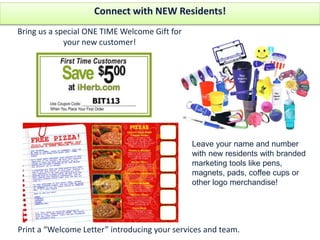 “Hello,	
  my	
  name	
  is	
  _______________	
  	
  
	
  I	
  am	
  the	
  ______________	
  (3tle)	
  
	
  at	
  _______________________________	
  Apartments	
  	
  
around	
  the	
  corner	
  from	
  your	
  business.	
  
(Company	
  name)_____________	
  provides	
  apartment	
  homes	
  for	
  
(number)_________	
  of	
  residents	
  in	
  (city)_____________	
  
•  Local	
  area	
  marke3ng	
  partners	
  
•  Business	
  featured	
  in	
  our	
  apartment	
  tour	
  
•  Connect	
  our	
  new	
  residents	
  with	
  great	
  places	
  to	
  shop,	
  eat	
  and	
  play	
  	
  
•  No	
  cost	
  to	
  par3cipate	
  	
  
•  Want	
  to	
  share	
  your	
  specials,	
  coupons,	
  menu	
  
•  Help	
  our	
  residents	
  shop	
  local	
  
•  Contact	
  informa3on	
  today	
  	
  
•  Who	
  should	
  we	
  address	
  this	
  email	
  to?	
  	
  
•  How	
  do	
  you	
  spell	
  their	
  name?	
  	
  
•  Let	
  me	
  jot	
  down	
  their	
  email	
  address	
  and	
  we	
  will	
  send	
  you	
  details	
  on	
  the	
  program	
  today.	
  	
  
Engage
Practice Partners
 