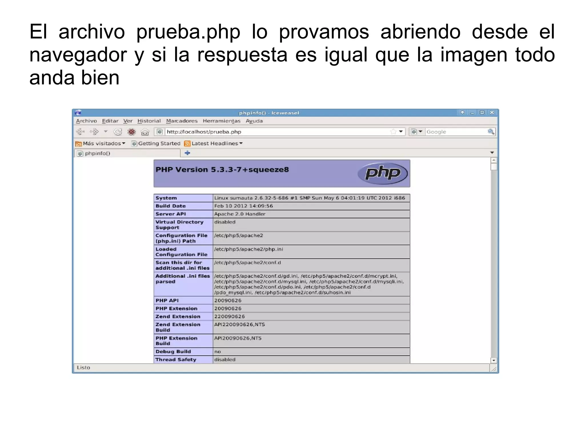 El archivo prueba.php lo provamos abriendo desde el
navegador y si la respuesta es igual que la imagen todo
anda bien
 